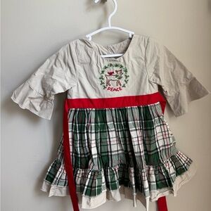 Plaid Holiday Dress with Reindeer Embroidery